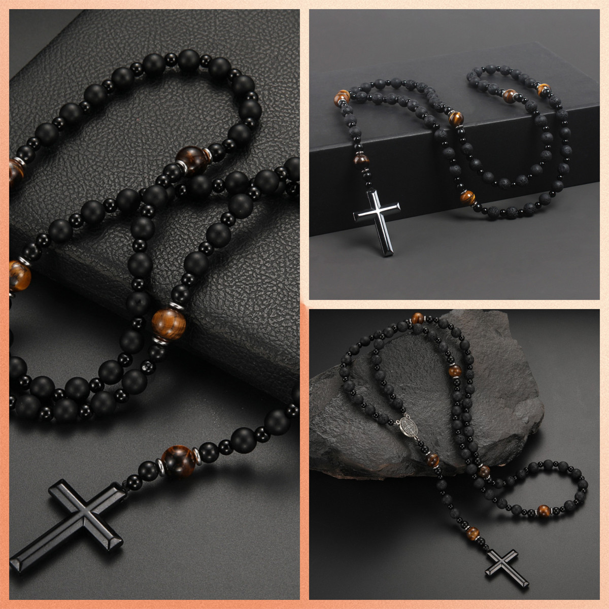 Herren Rosenkranz Kette Naturstein Lava Onyx Tigerauge,Hämatit Kreuz Handarbeit