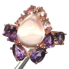 925 Silver 10 x 12 mm. Pink Rose Quartz, Rhodolite  Amethyst Ring Size 5.75