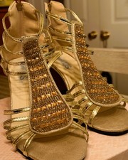 Bling Gold Rhinestone Gladiator Block Heel Sandals - Size 8