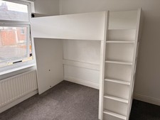 Children’s White Single Loft Bed, Built-In Ladder, Shelves, Storage, 3 Drawers