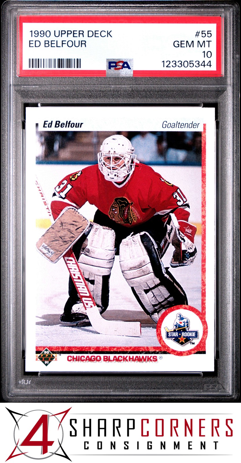 1990 UPPER DECK #55 ED BELFOUR RC BLACKHAWKS HOF PSA 10