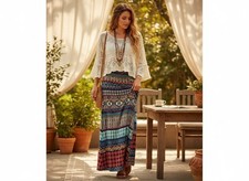 Bohemian Multicolor Maxi Skirt With Geometric  Floral Patterns Elastic Waist Li