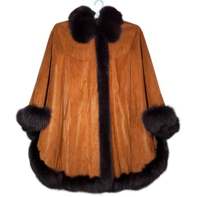 VTG Jean Louis De Paris Womens Cape Brown Leather Black Faux Fur Trim Size 38