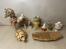 Bundle Of Vintage Wooden Animal Figures Frog Turtle Monkey & Straw Donkey