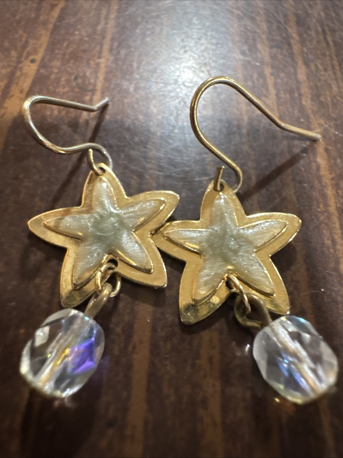 Gold Tone Star Earrings Green Center Crystal Bead Drop Celestial Dangle