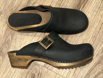 Sanita 'Big Buckle' Danish Clogs Mule Black Nursing Made In Poland Wood 11.5-12