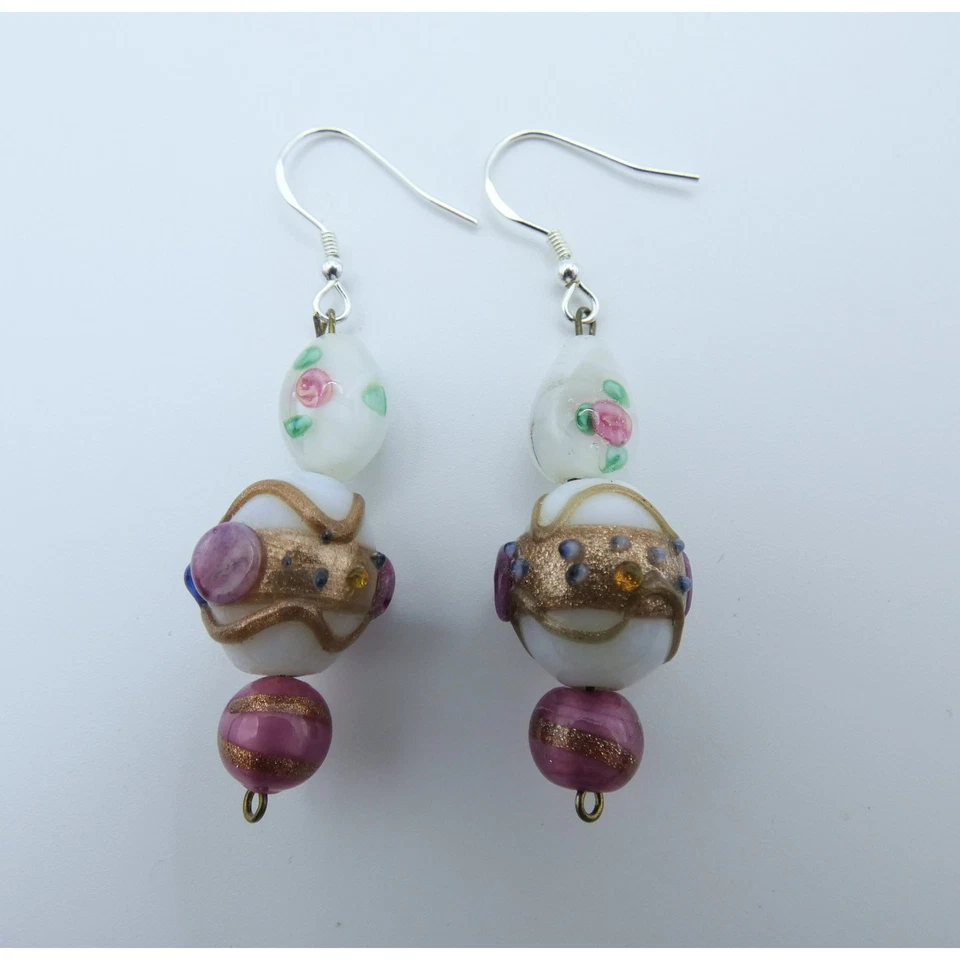 Vintage Murano Glass Pink White Earrings Wedding Cake Beads Bohemian Jewellery - Image 2 of 4