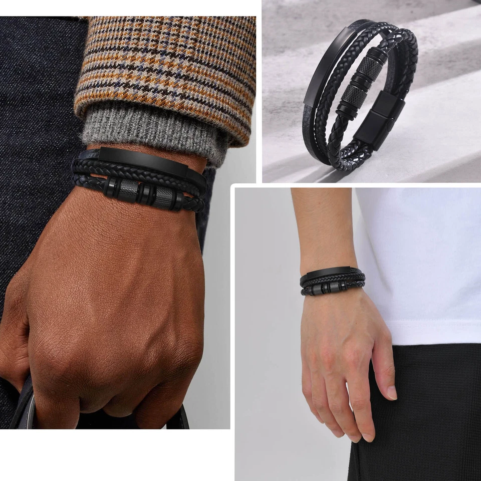 Custom PU Leather Bracelets for Men Boy,Stainless Steel Personalized Bangle - Image 3 of 4