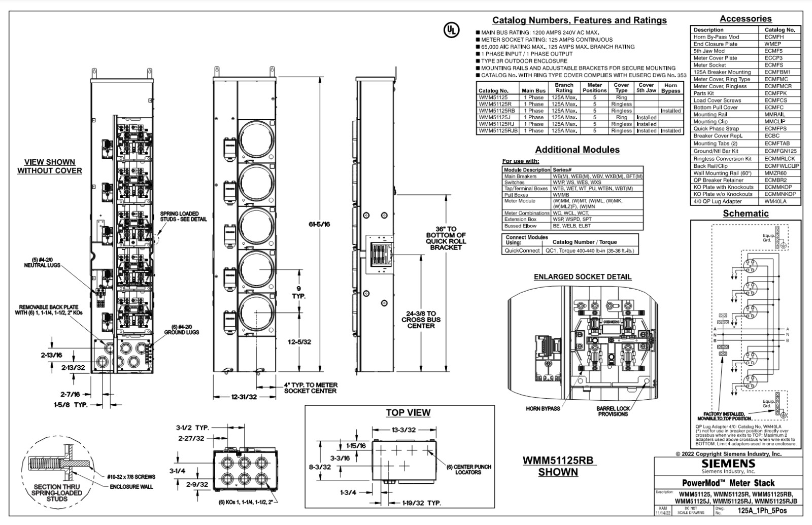 Siemens 5-Gang 1200A 125 Amp RINGLESS BYPASS Power Mod WMM51125RJB Meter Stack