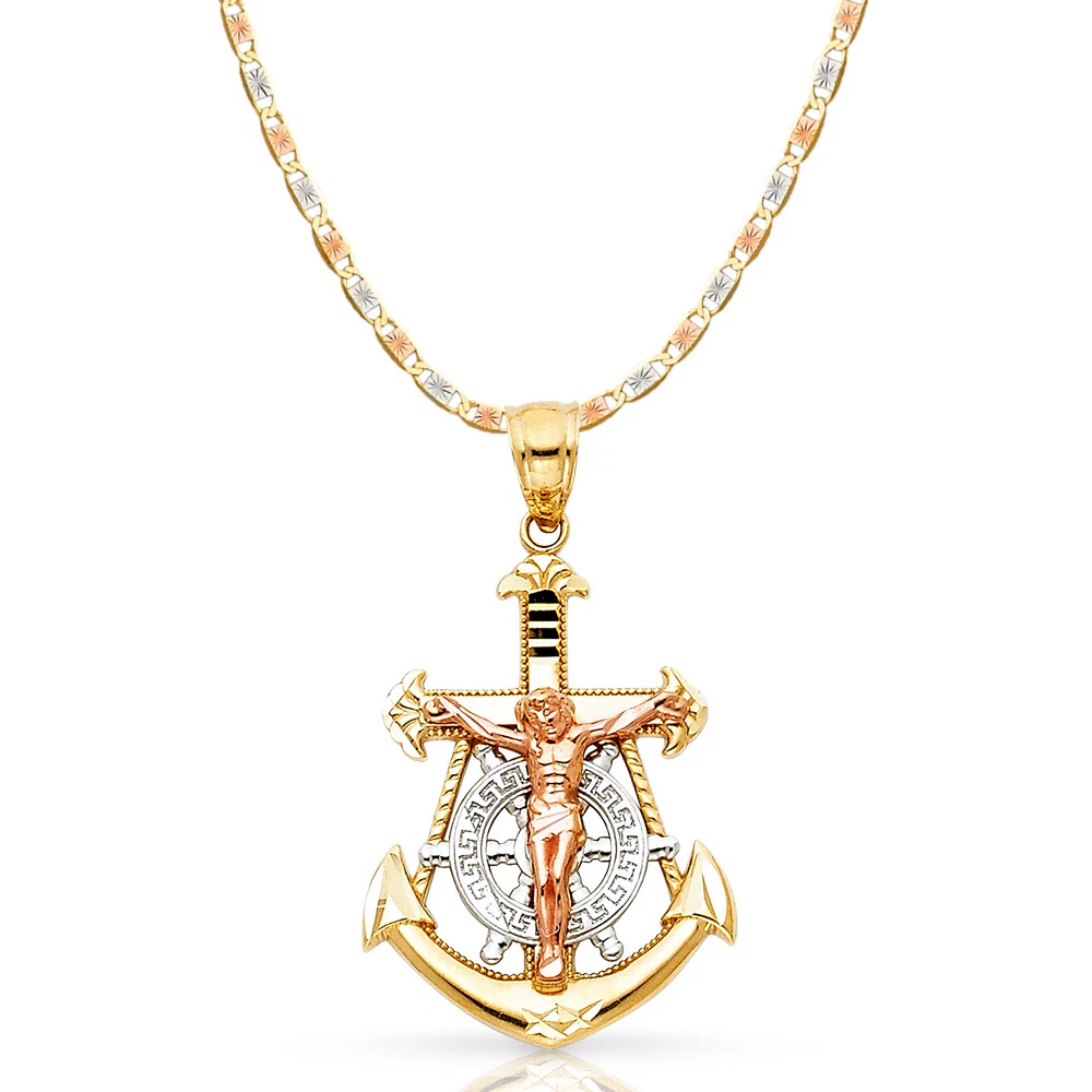 Collana con ciondolo ancora crocifisso in oro 14 carati e catena taglio DC stella Valentino 2 6 mm