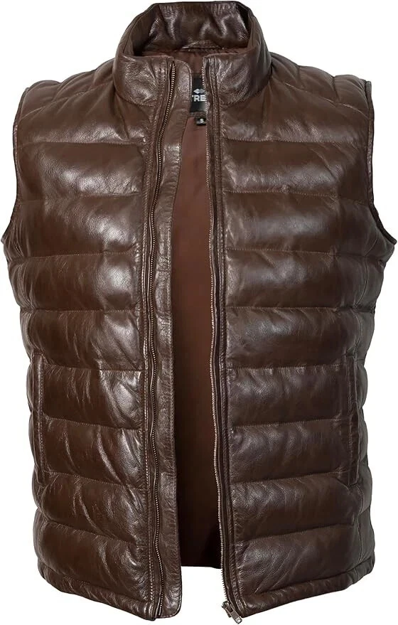 Men's Real Lambskin Leather Puffer Vest Quilted Puffer Down Jacket Waistcoat 3