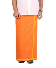 Cotton Men's Orange Single Dhoti with Border used in Pooja Hindu Rituals