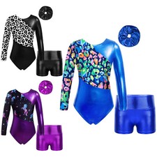 UK Kids Girls Outfits Round Neck Hair Band Set Gymnastics Suit Printing Dance