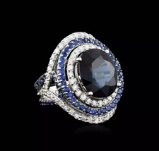 Royal Blue Oval  Round Cut 14.22CT Sapphire With Pure White CZ Double Halo Ring