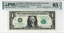 1988A $1 Federal Reserve 'BL Block' Note-fr.1915-B -PMG 65 PPQ-Super Repeater!