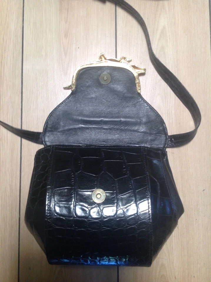 Bolso de Hombro Vintage Original Pinky Negro Latón Caimán Hecho en EE. UU. Foto 3 de 4