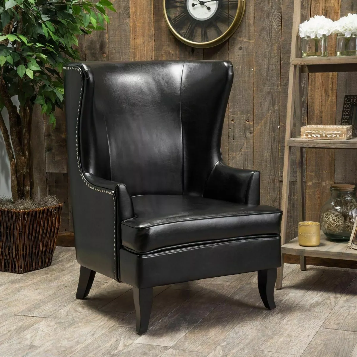 Jameson Tall Wingback Black Leather Club Chair eBay