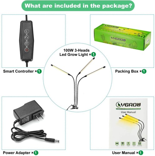 Luces de cultivo YGROW 100W para plantas de interior, cabezal triple 60 LED 6 niveles de atenuación LED G - Imagen 3 de 7