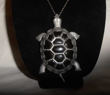 Large 4" Black and Silver Turtle Pendant Necklace