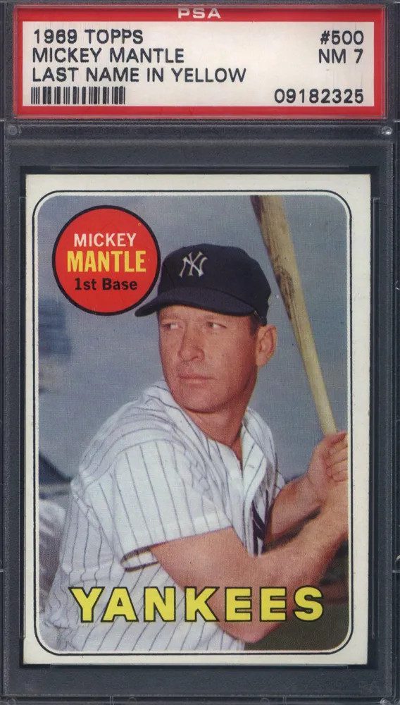 1969 Topps #500 Mickey Mantle Last Name In Yellow Yankees PSA 7