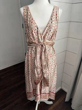 Studio M Dress Women Medium Ivory 100% Silk Floral Tie Waist Boho Midi Beautiful