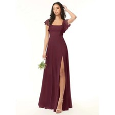 Azazie Bondi Burgundy Chiffon Square Neck Flutter Sleeve Maxi Dress with Slit A0