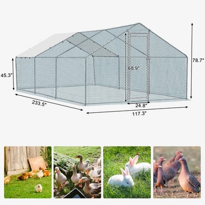Large Metal Chicken Coop Walk-In Chicken Run 10x20FT Peaked Roof with Cover