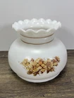 Vintage White Milk Glass Hurricane Lamp Shade Brown Floral Scalloped 7”