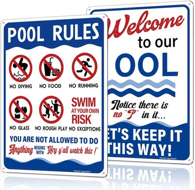 2 Pack Pool Signs Bundle - 14x10 Inch Welcome To Our Ool & Funny Pool Rules Sign