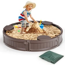 4F Wooden Sandbox, Built-in Corner Seat, Cover, Bottom Liner for Outdoor Play