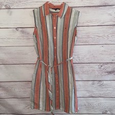 Tommy Hilfiger Linen Blend Shirt Dress Sleeveless Belted Striped Size 8 A12