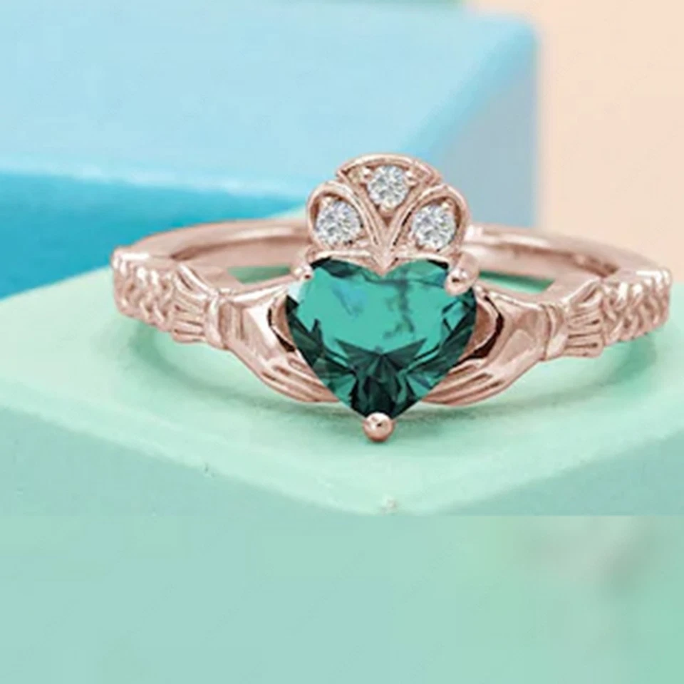 Heart Shape Green Tourmaline Engagement Ring, Unique Claddagh Style Wedding Ring - Image 4 of 4