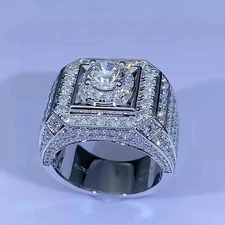 3Ct Round Cut Real Moissanite Men's Wedding Pinky Ring 14K White Gold Plated