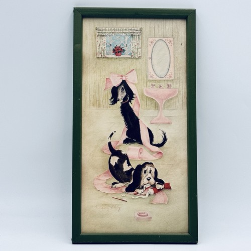 Vtg Dogs in the Bathroom Framed Art 15x7.5 Pink Green MCM Kitsch Puppy Humorous