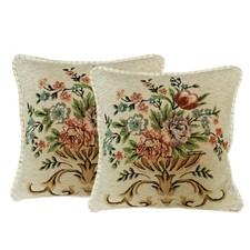 Set of 2 Beige Vintage Throw Pillows Covers 18x18in,Floral Embroidered Cushio...