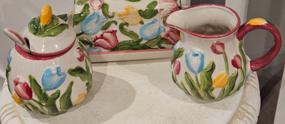 Temp-tations Tulip Figural Floral Sugar Bowl Lid Spoon + Creamer Set Tara QVC