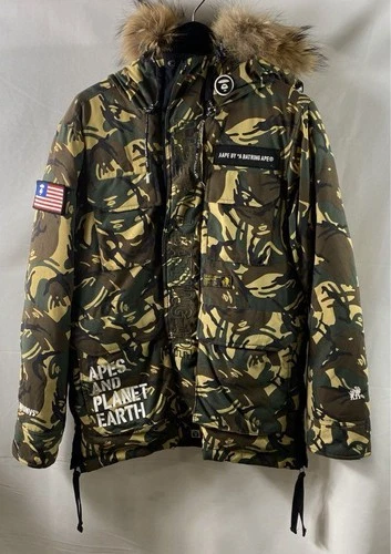 AAPE BY A BATHING APE Men's Camo Puffer Down Jacket Fur Trimmed Hood Parka Sz M - product listing photo