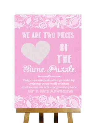 Rosa Sackleinen & Spitze Effekt Puzzle Gästebuch personalisiert Hochzeit Schild