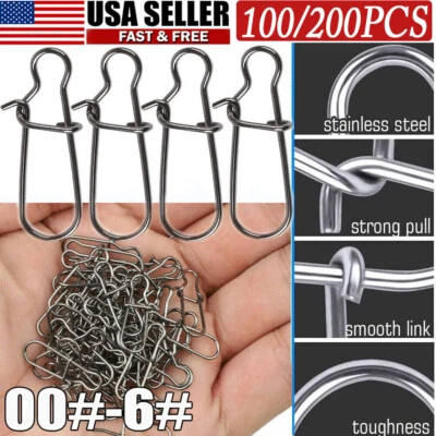 100PCS Fishing Snaps Fastlock Clips Lures Barrel Swivels 00#-6# Stainless Steel