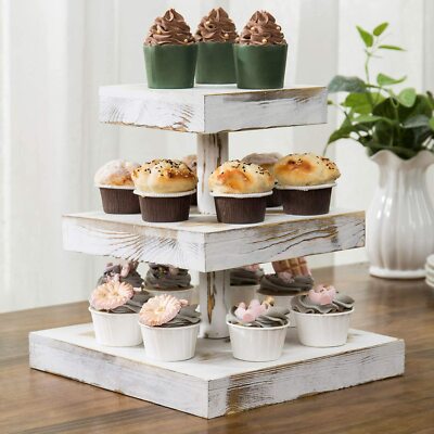 3-Tier Rustic Whitewashed Wood Cupcake Desserts Stand/Appetizer Display  Riser