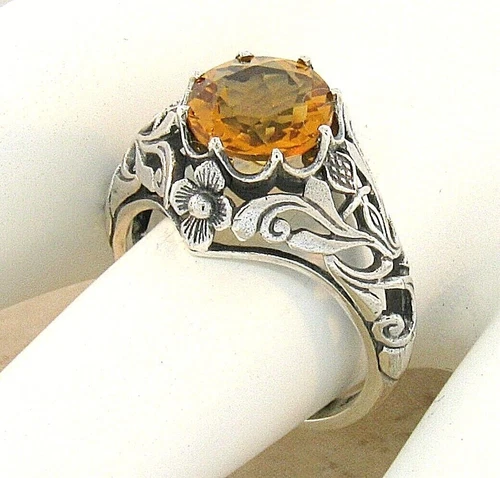 NOUVEAU ANTIQUE STYLE SCOTTISH THISTLE 925 SILVER LAB-CREATED CITRINE RING  890X