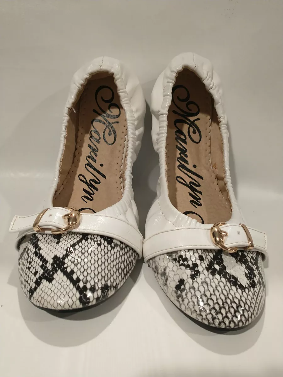 Marilyn Moda Romee Womens Flat Flex Shoes Ballet Snake Skin Buckles Size 8