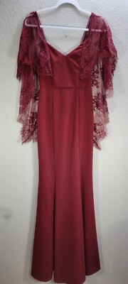 Women's Lulus Wine red Long Dress Mermaid Lace Trim Evening Maxi Sz S NWT