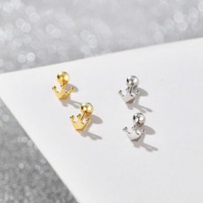925 Sterling Silver Tiny Crwon Stud Screw Back Helix Piercing Earrings A4174