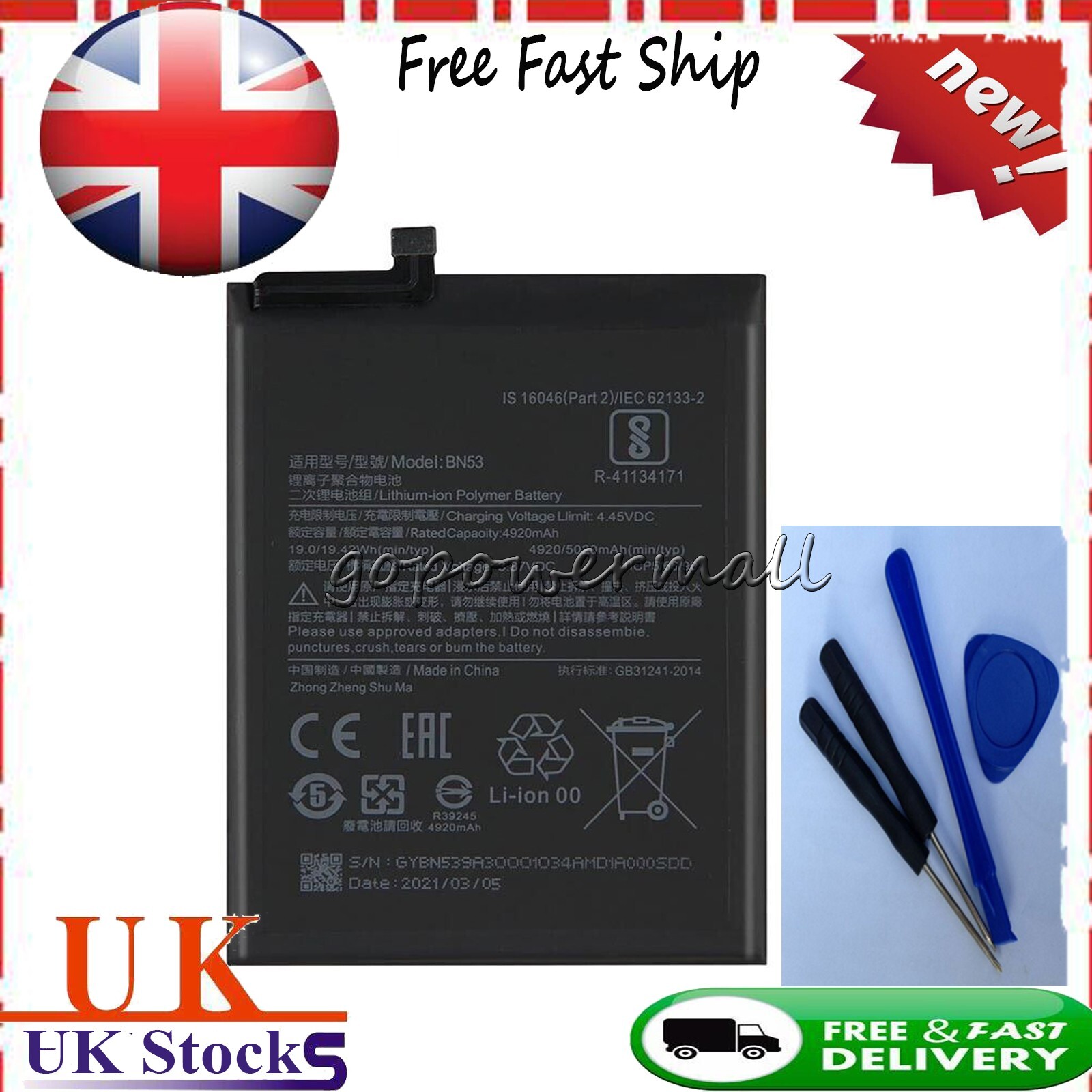 New Mobile phone Battery BN53 For mi Redmi Note 9 Pro 5020mAh + Tools