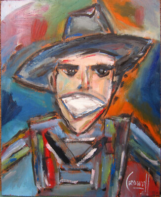 ODD FARMER  strange new oil painting smile original art 8x10 Wood signed Crowell