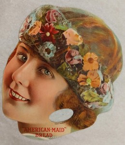 1919 Ad Hand thumb-hole Fan "American-Maid Bread" - die cut - chromolithographed