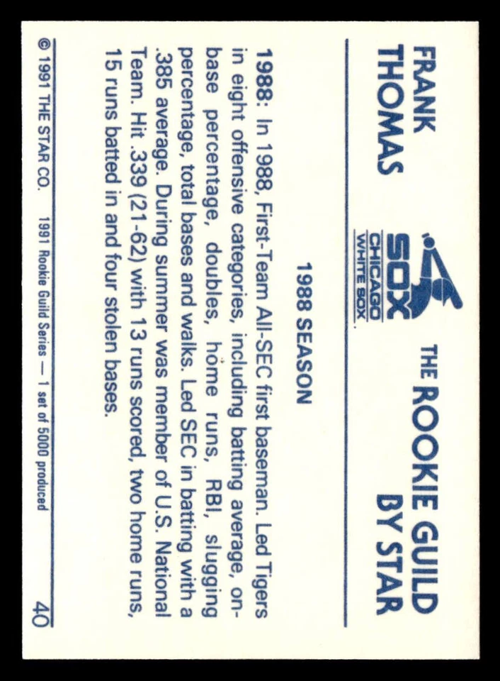 1991 Star The Rookie Guild #40 Frank Thomas - Image 2 of 2