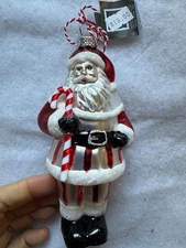 Red Santa Christmas Ornament White Red Candy Cane Traditional St. Nick Glass