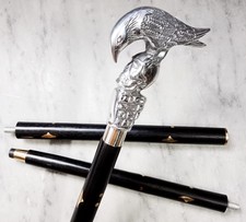 Unique Bird-on-Skull Handle Walking Cane  Elegant Silver Finish Wooden Shaft